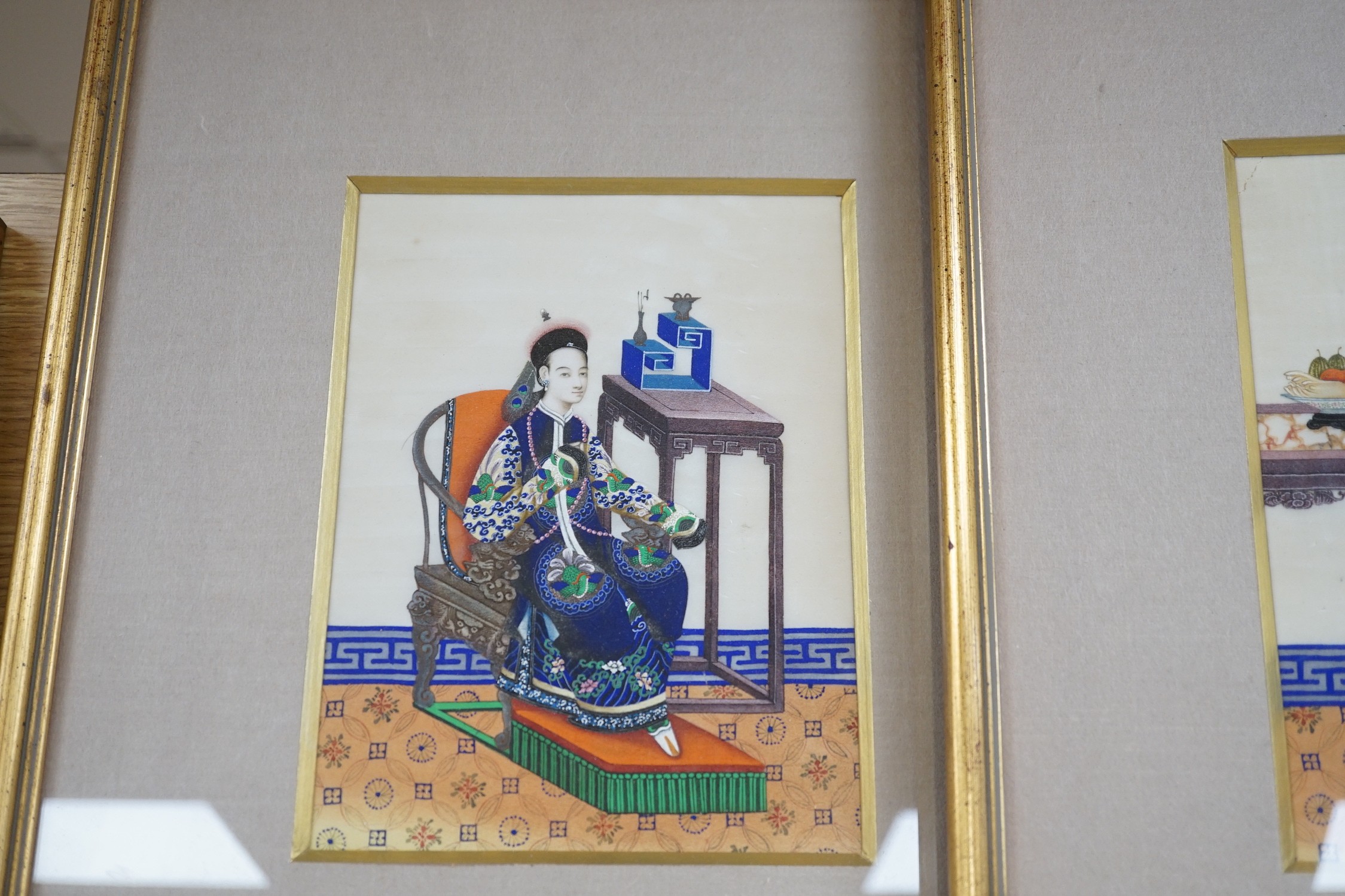 19th century Chinese School, pair of gouaches on pith paper, Studies of seated nobles, 22 x 16cm